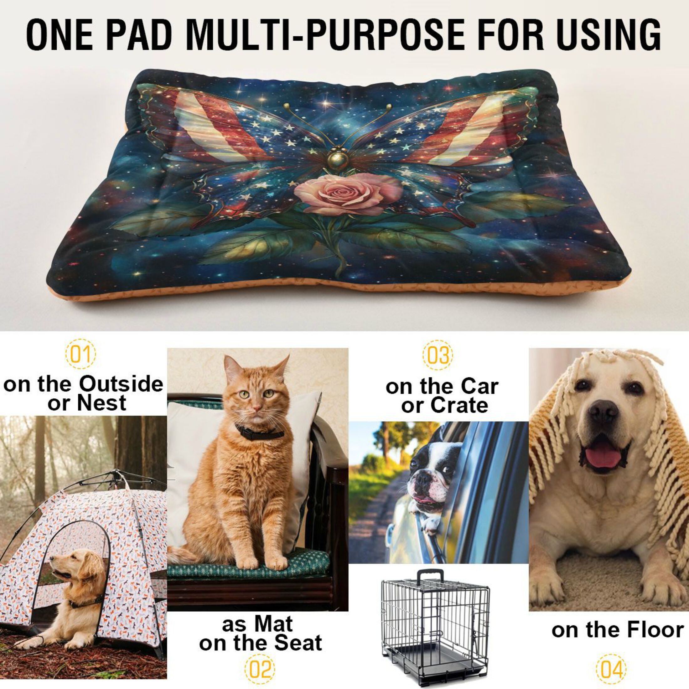 Qxltty American Flag Butterfly Ped Pad Wear-resistant and Hard to Bite Through Sleeping Pad for Small Medium Large Dogs Winter Pet Bed 36×24in