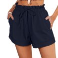 thumbnail image 1 of Pantalones cortos de mujer Pantalones cortos con volantes en la cintura elástica Pantalones casuales con dobladillo enrollado con cordón Pantalones de verano de color puro Azul purpúreo M, 1 of 5