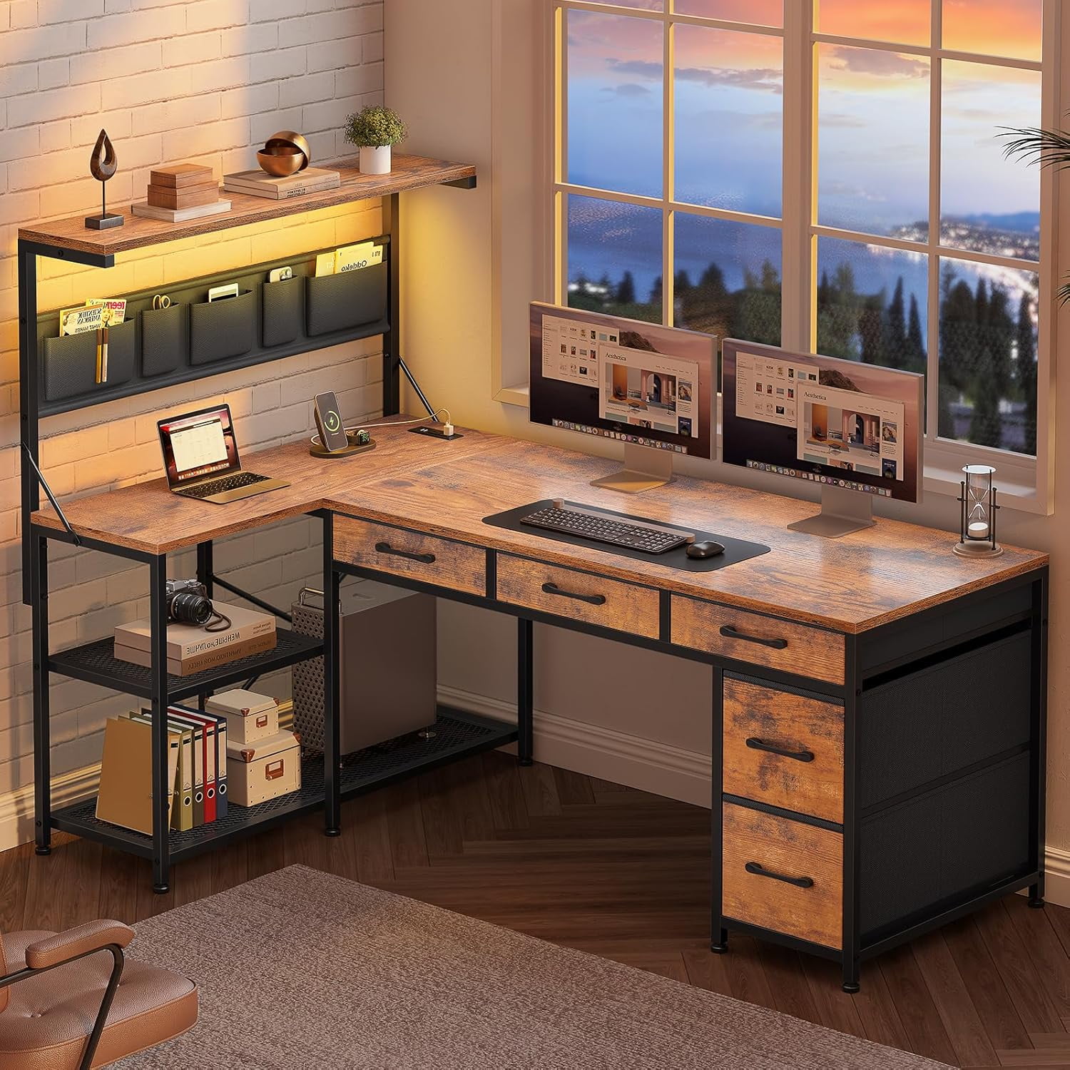 47" L Shaped Desk with 5 Drawers & Hutch, Reversible Gaming Desk with LED Lights & Outlets, Computer Desk with Open Shelves & Storage Bag for CPU, Books etc for Home Office, Space Saving, Rustic Brow