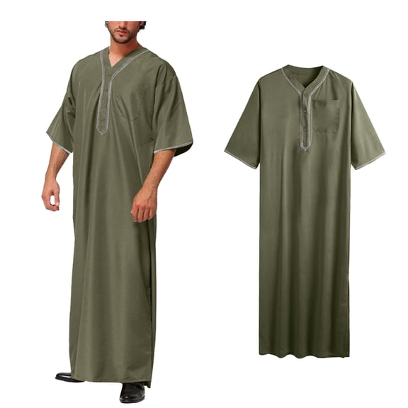 Men Kaftan Thobe Casual Short Sleeve Mens Tunic V Neck Mens Thobe Muslim Green Abaya