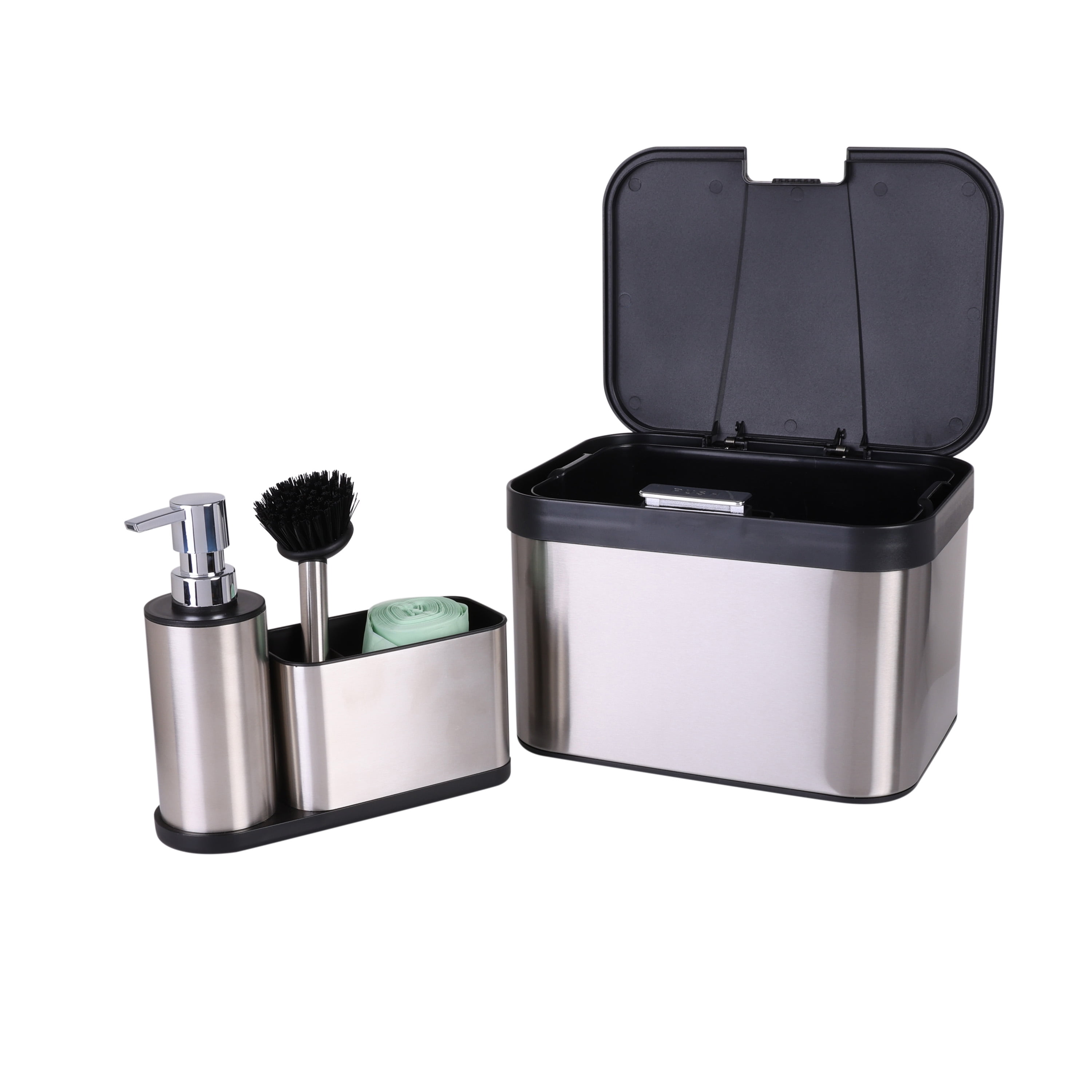 Organize It All Stainless Steel Compost Bin with Biodegradable Bags, Sink Organizer & Scrub Brush