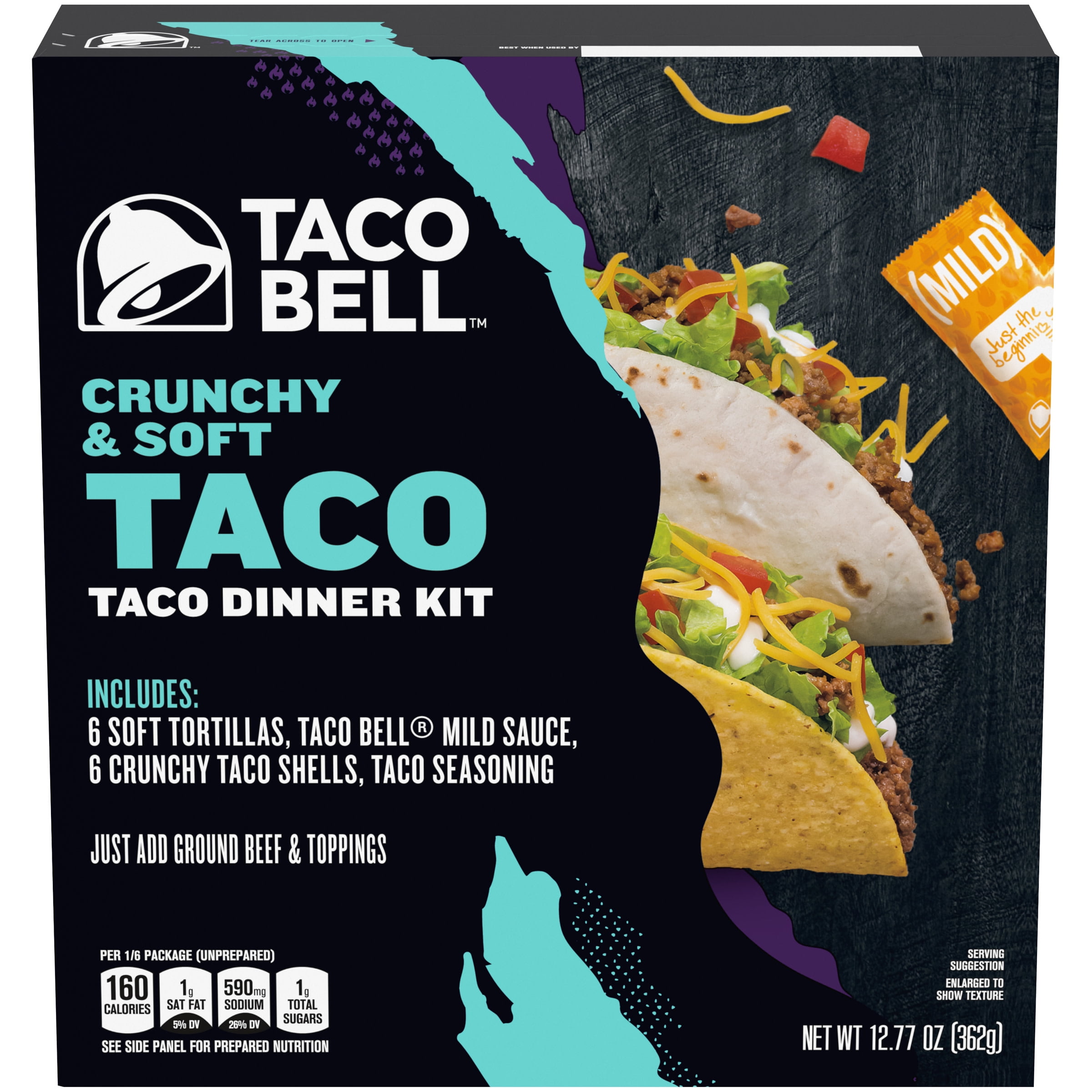 Taco Bell Crunchy Soft Taco Dinner Kit With 6 Soft Tortillas 6 Crunchy Taco Shells Taco Bell Mild Sauce Seasoning 12 77 Oz Box Walmart Com Walmart Com