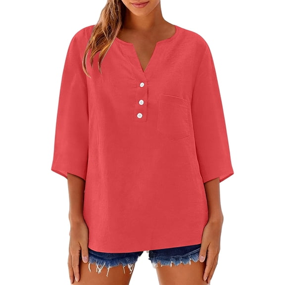 OIOLOYJM 3/4 Length Sleeve Women Tops Spring Summer 2026 V Neck 3 Button Shirts Casual Boho Loose Comfy Tunic Dressy Vacation Trendy Blouses Red 2XL