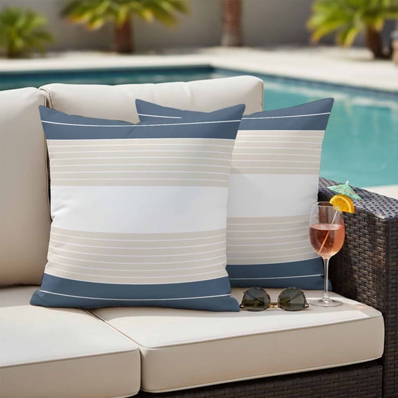 Haze Blue Beige Stripe Outdoor Pillow Covers 26x26 Inch Throw Pillow Covers Set of 2 Waterproof Decorative Pillow Cases Modern Art Horizontal Striped Cushion Covers for Patio Furniture Garden Couch