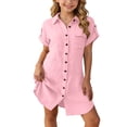 thumbnail image 2 of WAVSUF Girls Short Sleeve Button Shirt Dress, Loose Fit Trendy Collared with Pockets Casual Comfort Daily Dress Pink 5, 2 of 9