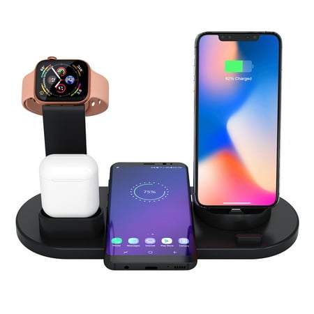 Apple Watch Stand Wireless Charger for iPhone and iWatch, 4 in 1 Phone Charging Station with Lightning Connector and USB Port for iPhone 8/X/XR/7/6 and iWatch Series 4/3/2/1 Black