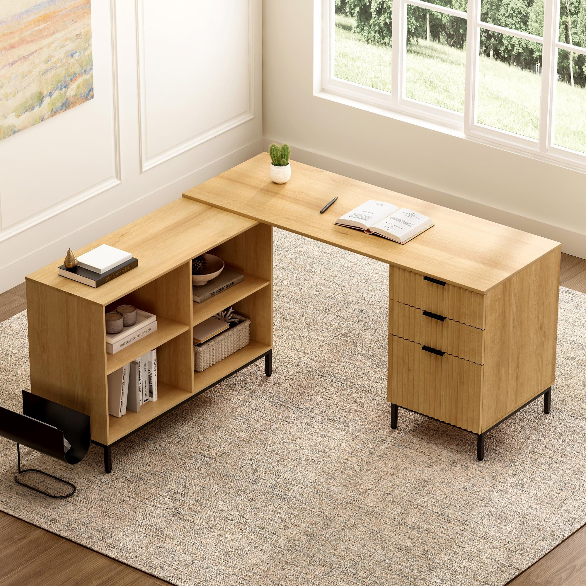 Joyyskill 60" Fluted Executive Desk L Shaped, Computer Desk with Movable Storage Cabinet Home Office Desk with 3 Drawers Metal Legs Corner Desk for Gaming Study, Natural Oak