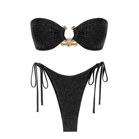 Solid O Ring 2024 New Swimsuit For Women Tie Side Shiny Metal Hardware Ring Bandeau Bikini Swimwear Padded Bra Top Low Waisted