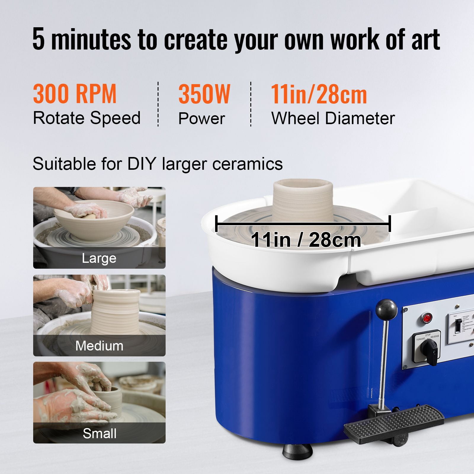 Pottery Wheel 350W 11 Inch for Adults Beginners, Adjustable Speed 0-300 RPM with Foot Pedal, ABS Detachable Basin
