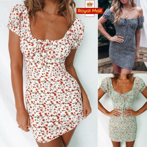 Womens Holiday Floral Dress Short Lady Summer Mini Beach Dress Plus Size 6-24 UK