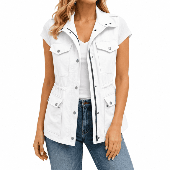 Dpjklzsn Women's Utility Vest with Drawstring Waist, Multi Pocket Sleeveless Cargo Jacket for Casual Layering