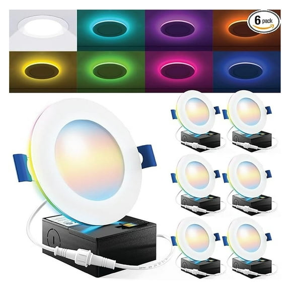 Sunco 4 Inch 6 Pack Smart Ultra Thin LED Recessed Ceiling Lights with Night Light, Tunable CCT 2700K to 5000K, Dimmable, 11W, Smooth Trim, Canless with Junction Box.