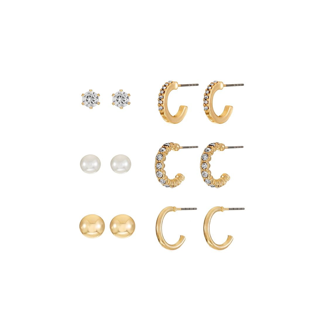 Time and Tru Womens Gold Stud and Mini Hoop Earring Collection, 6 Pairs