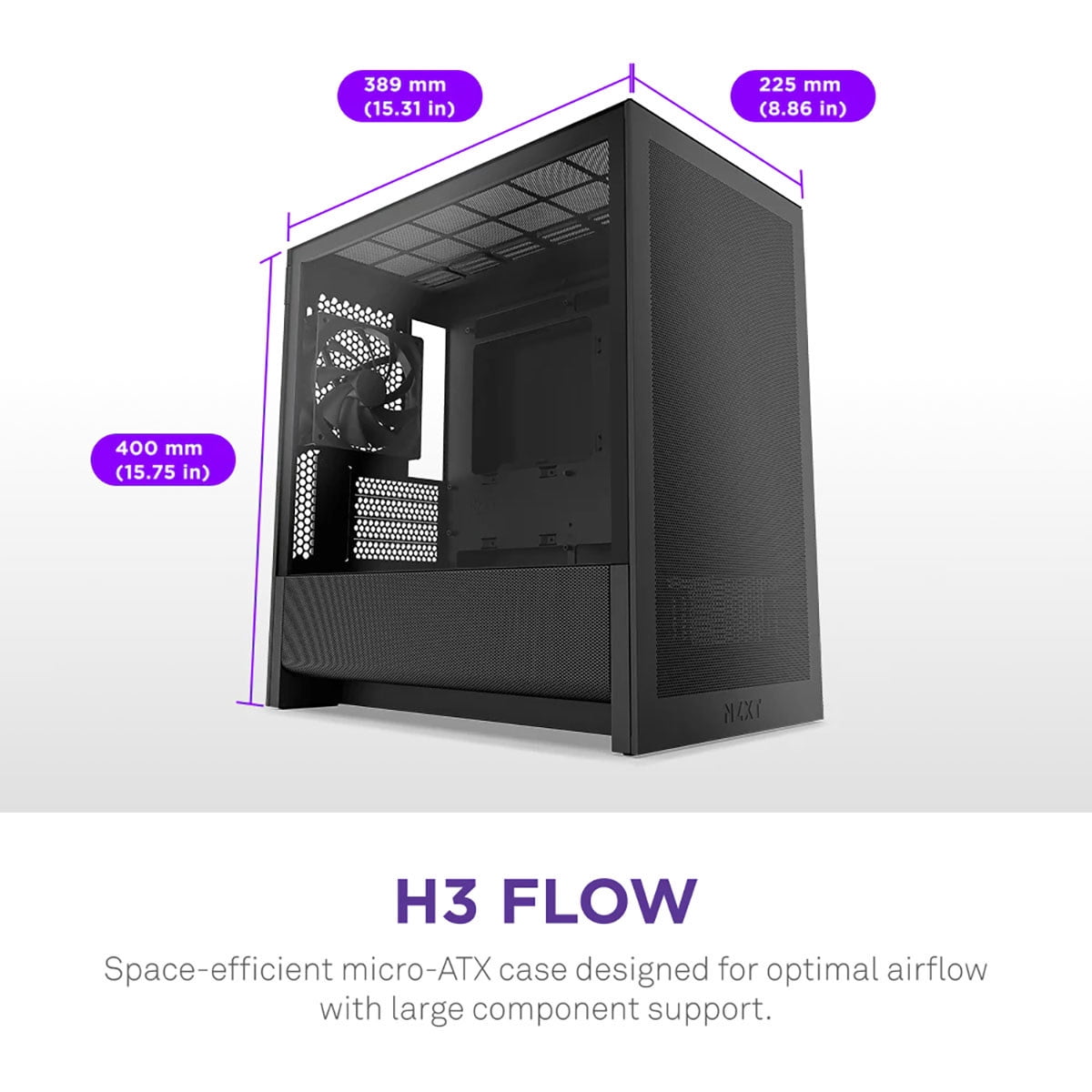 NZXT CCH31FB01 H3 Flow Micro ATX PC Case Black Tinted Glass