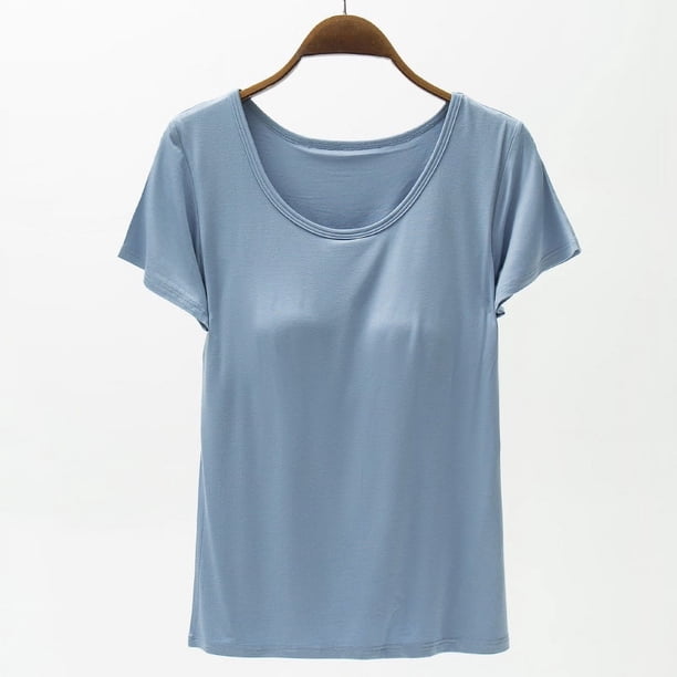 Camiseta de mujer de manga corta con almohadilla para el pecho de verano, sujetador de color liso, media manga, se puede usar como camisa de fondo