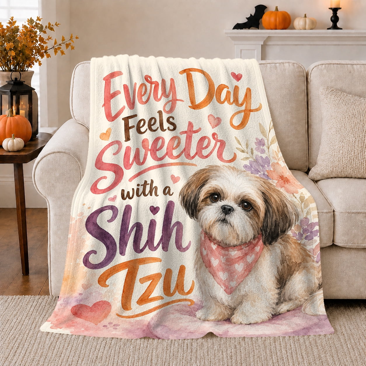 Shih Tzu Dog person autumn celebration Playful Pet Portrait Pattern Warm Flannel Blanket for Living Room and Bedroom with Detailed Artwork Dog Moms autumn celebration Gift Pet Lover Home Decor
