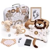 Lictin Baby Shower Gift Set, Baby Gift Basket Set for Infant Boys Girls, Newborn Gifts Basket with Baby Blanket, Rattle, Security Blanket and Baby Keepsake Footprint