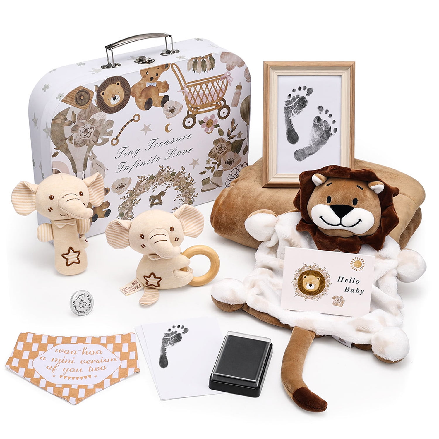 Lictin Baby Shower Gift Set, Baby Gift Basket Set for Infant Boys Girls, Newborn Gifts Basket with Baby Blanket, Rattle, Security Blanket and Baby Keepsake Footprint