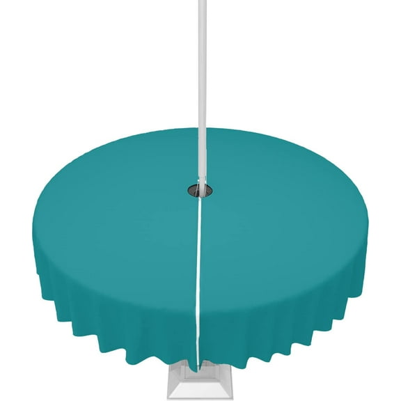 Outdoor Tablecloth Teal Blue Round Patio Tablecloths 60 Inch, Waterproof Outside Table Cloths with Umbrella Hole and Zipper, Solid Color Summer Table Cover for Outdoor Tables Garden