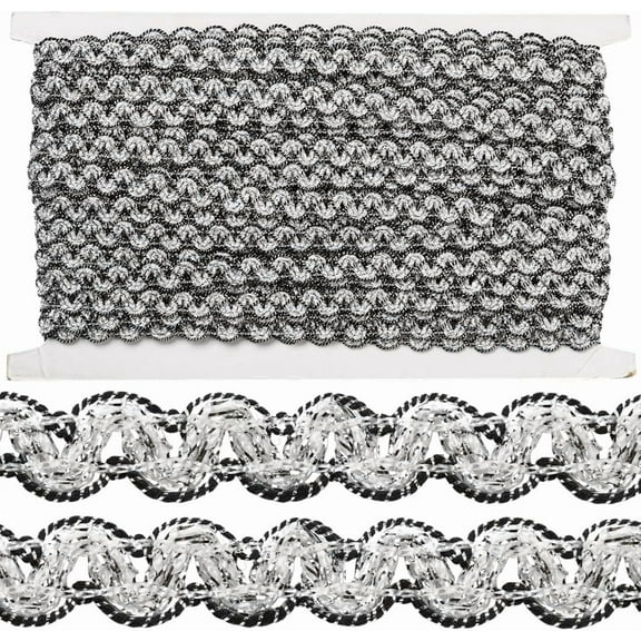 20M 1/2 Inch Black Silver Trim Ribbon Metallic Decorative Fabric Upholstery Trimmings Polyester Woven Braid Gimp Lace Trim for Jewelry Making Sewing Curtain Bag Crafts Dresses Supply