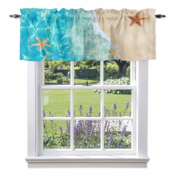 Summer Beach Valance Curtain Blue Teal Ocean Waves Beige Sand Starfish Shells Window Valances Rod Pocket Short Curtains Window Treatments for Kitchen Bedroom Bathroom Laundry 60" x 18"