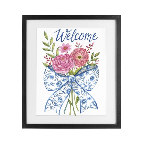 Stupell Industries Bohemian Bow & Flowers Welcome Black Framed Print Under Glass, 17 x 21, by Deb Strain