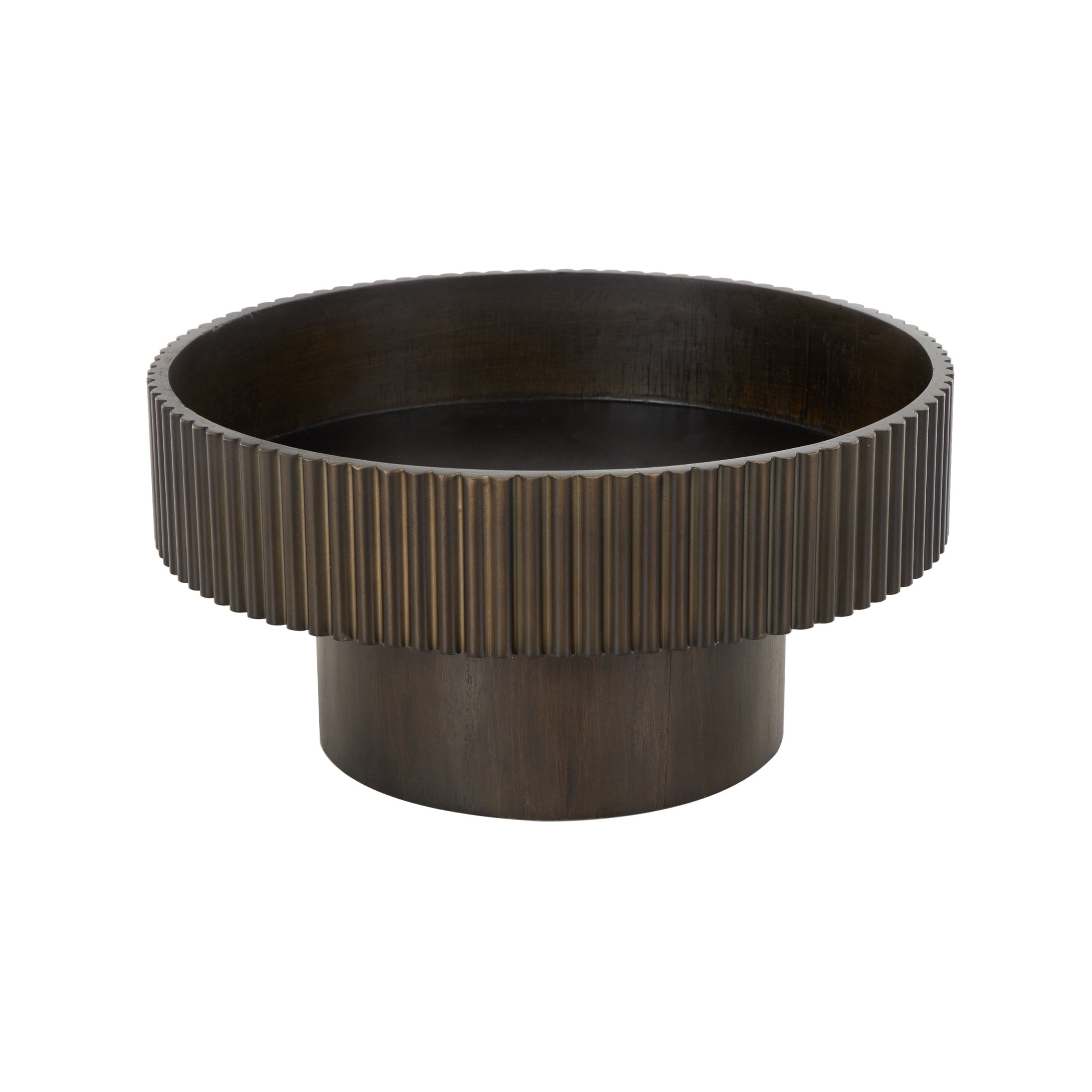 DecMode 14" Round Ribbed Dark Brown Wood Decorative Bowl with Elevated Base