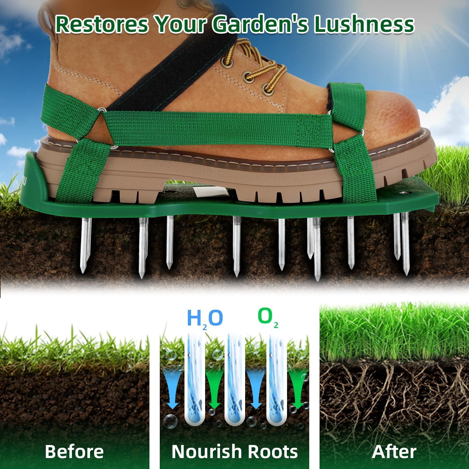 Lawn Aerator Shoes for Grass: Free-Installation Aeration with Stainless Steel Shovel, Heavy Duty Spike Aerating Sandals Tool Yard Patio Garden