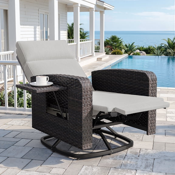 ALAULM Outdoor Swivel Recliner Chair,Dual-Adjust Outdoor Patio Chairs with Adjustable Backrest and Footrest,Wicker Patio Chair with Flip-Up Table for Living Rooms,Pools,Balconies, patios,courtyards