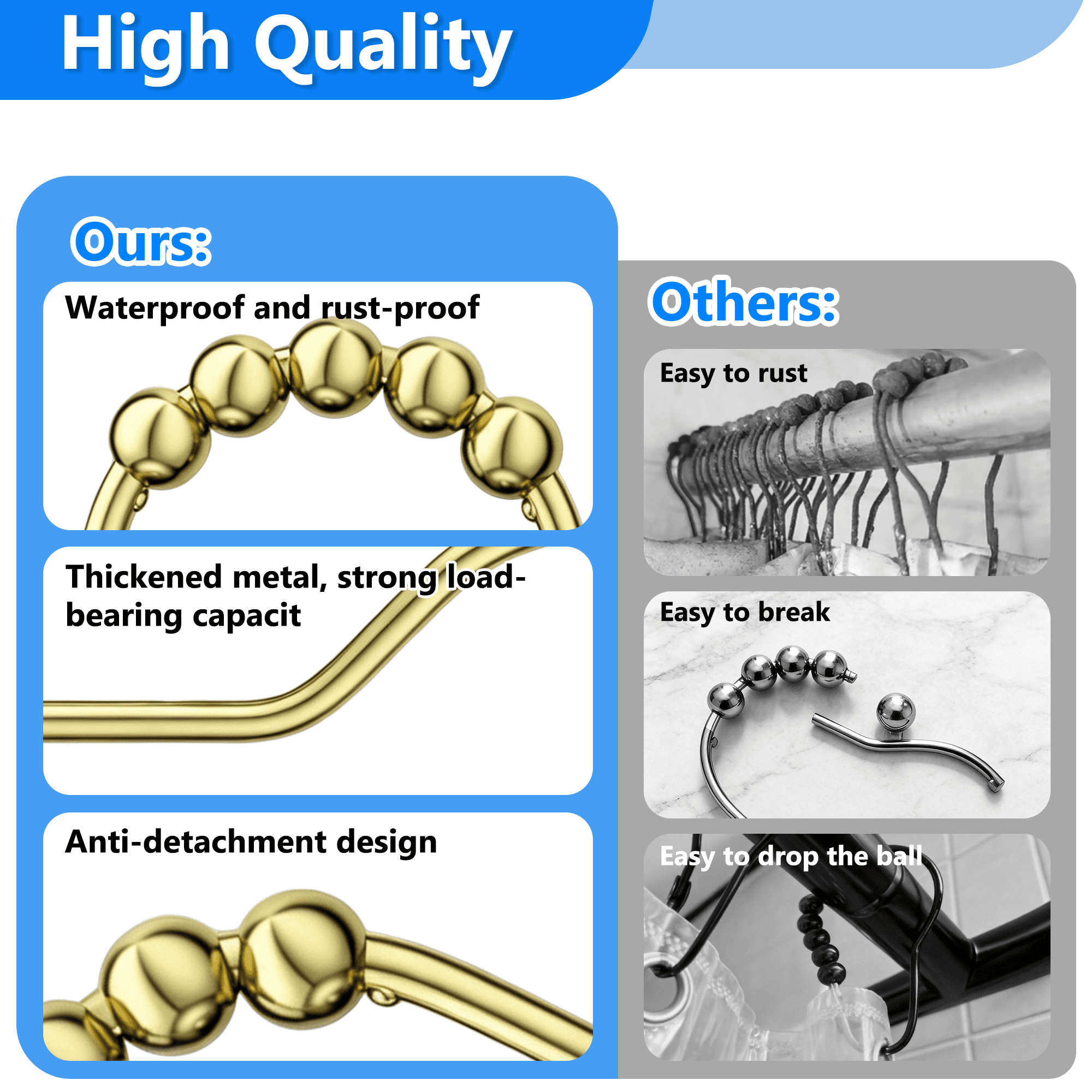 12 Pack Shower Curtain Hooks Rings, Double Shower Curtain Hooks, Roller Ball Metal Curtain Rings, Rust Proof Decorative Shower Curtain Hooks for Bathroom Curtain Rod