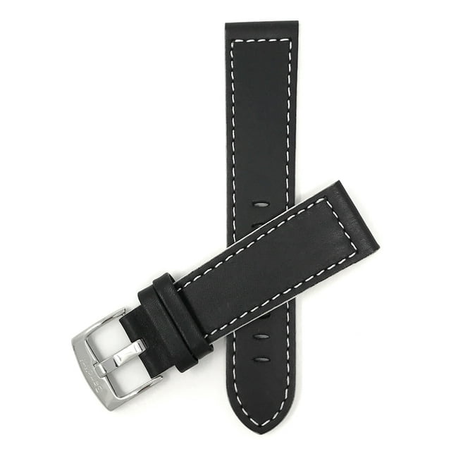 Leather Watch Strap Band, Racer, 22mm Black with Colored Stitching, Stainless Steel Buckle