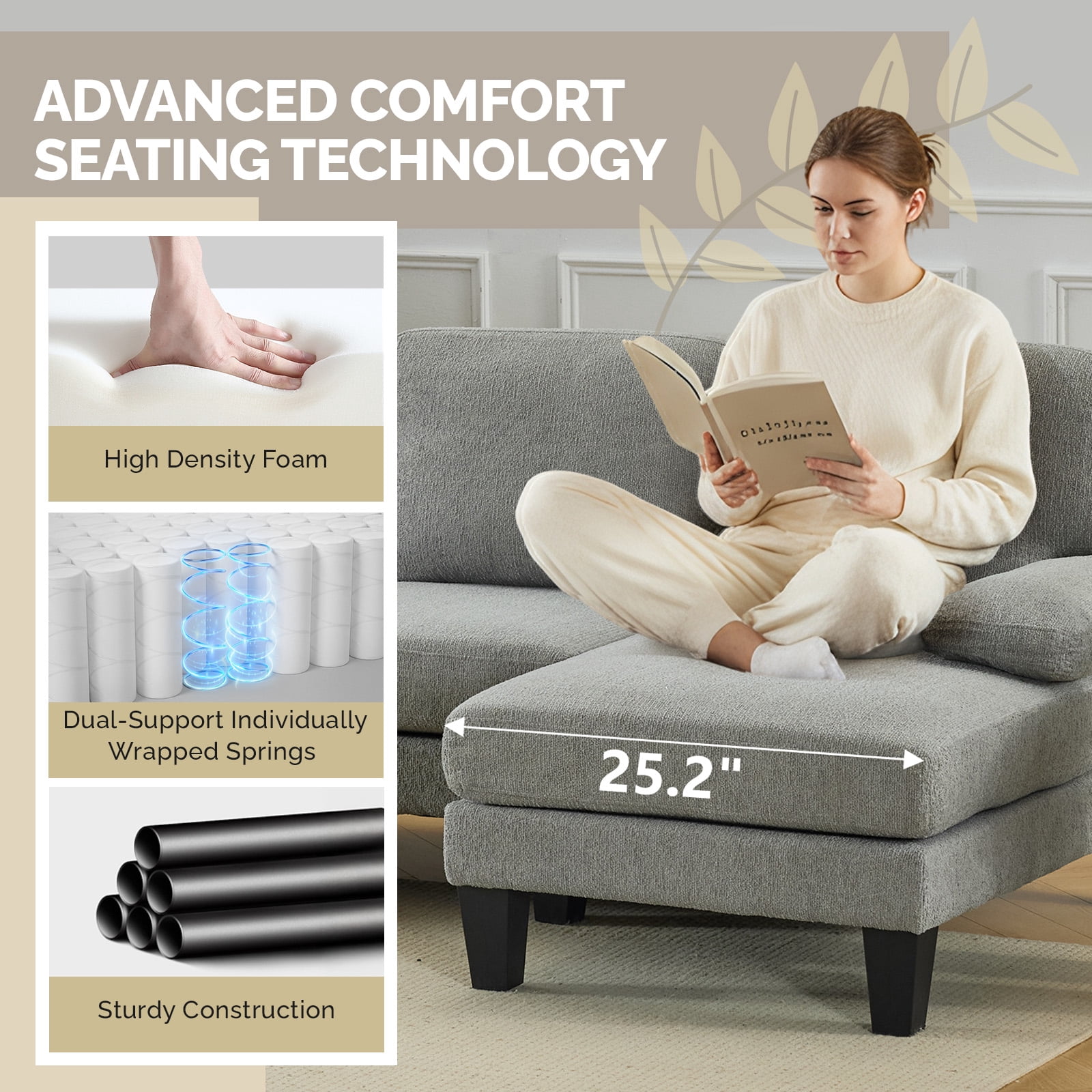 Ktaxon U-Shaped Sectional Sofa Set with Chaise, 4-Seater Blended Chenille Couch for Living Room, Apartment, Easy Assembly Blue-Gray