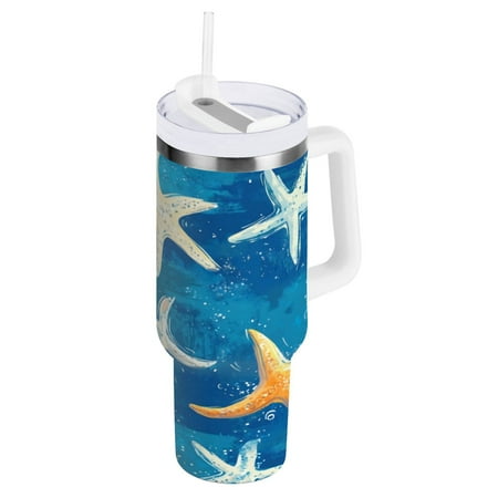 

40 Oz Car Handle Water Cup 10.8x3.85 Inch Stainless Steel Water Cup With Handle Water Cup Car Water Cup Travel Coffee Cup Starfish on Blue Background