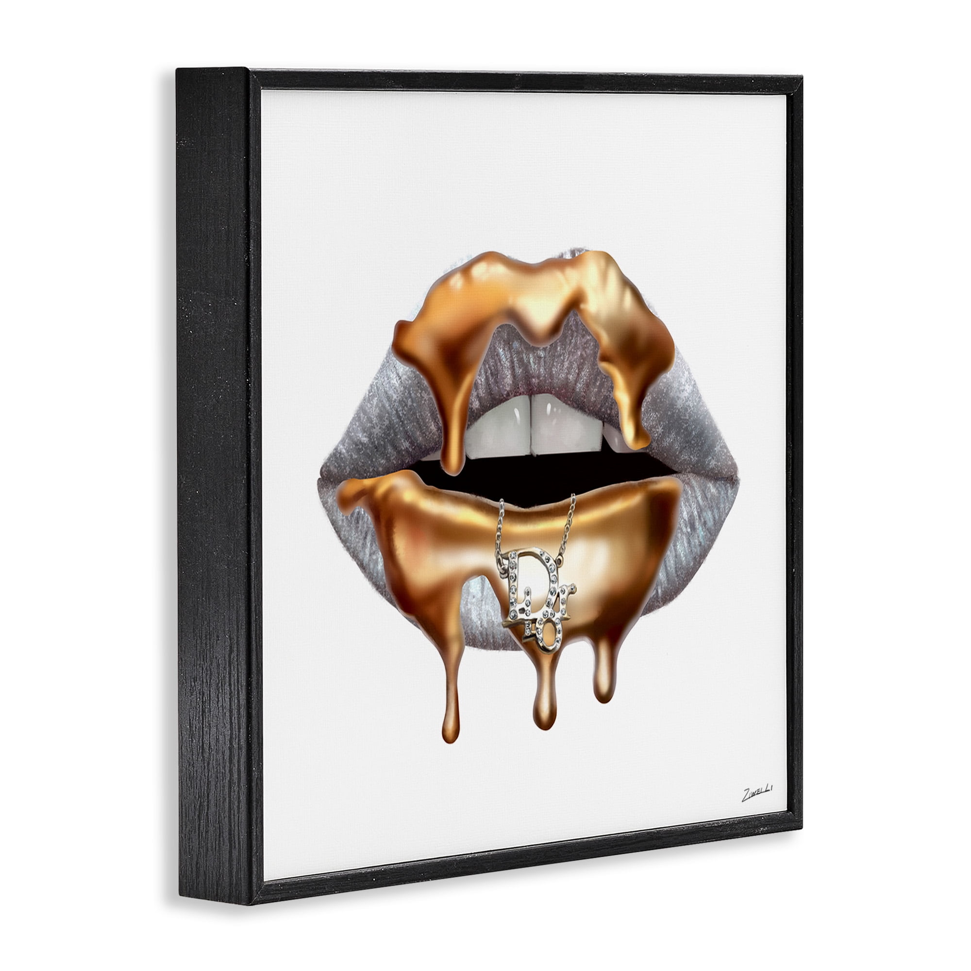 Stupell Industries Glam Silver Lip Gold Drip Beauty & Fashion Painting Black Framed Art Print Wall Art, 24 x 24