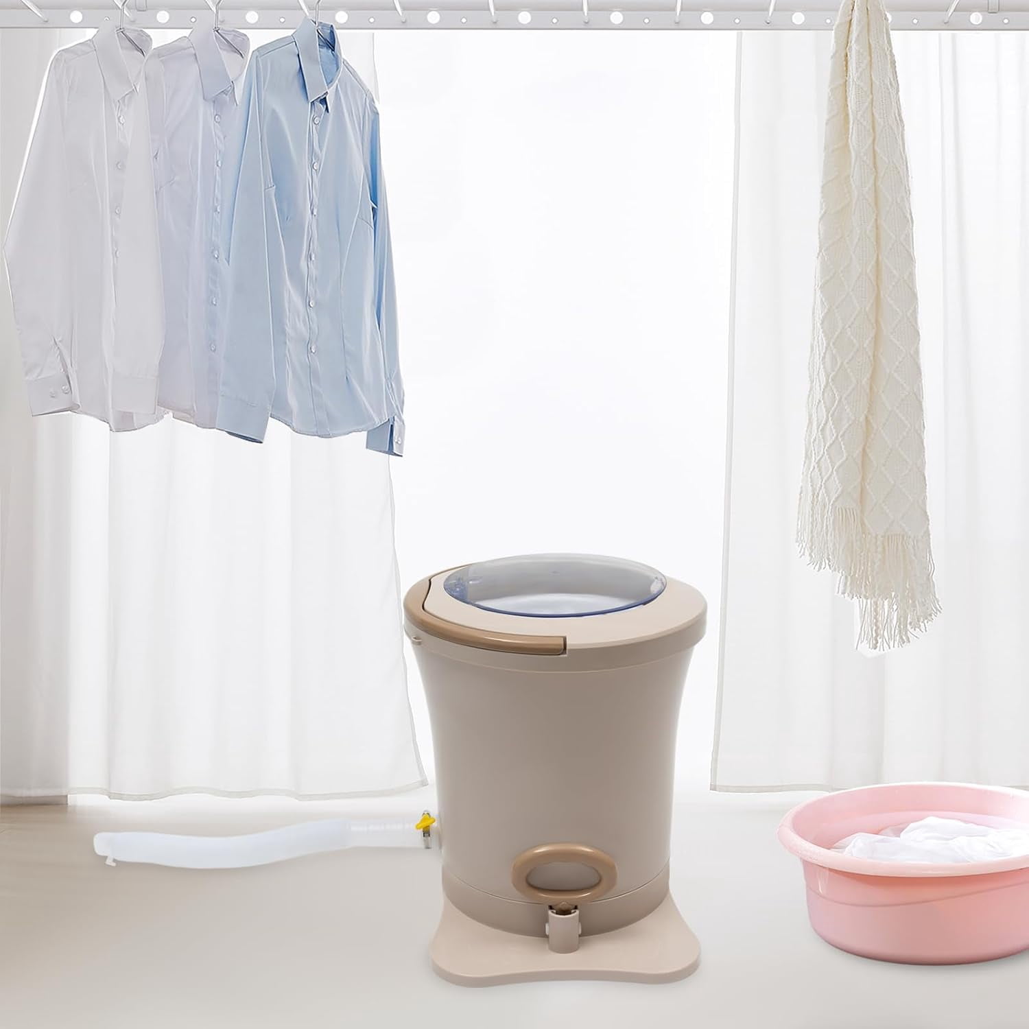 Manual Clothes Dryer Portable Mini Dryer Foot Powered Compact Spin Dryer Machine Non Electric Laundry Dryer for RV Camping Apartment Dorm(Khaki)