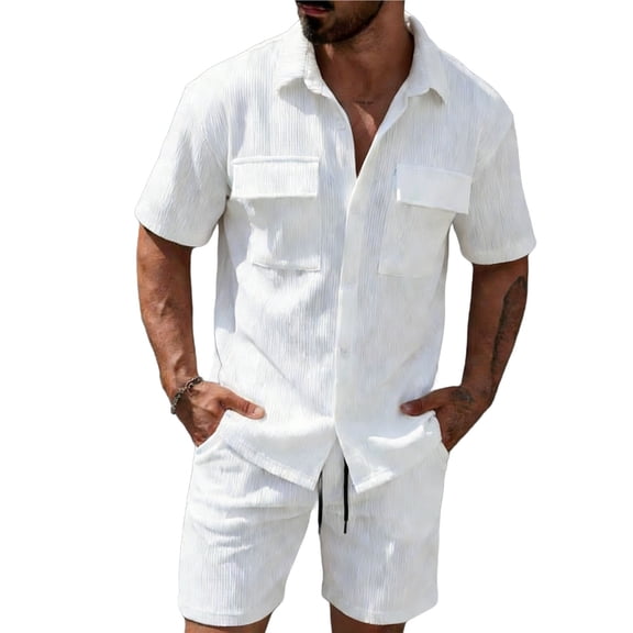 Mrmaere Men's Collared Button Down Shirt and Shorts Set Short Sleeve 2 Piece Open Front Breathable for Beach Travel White L