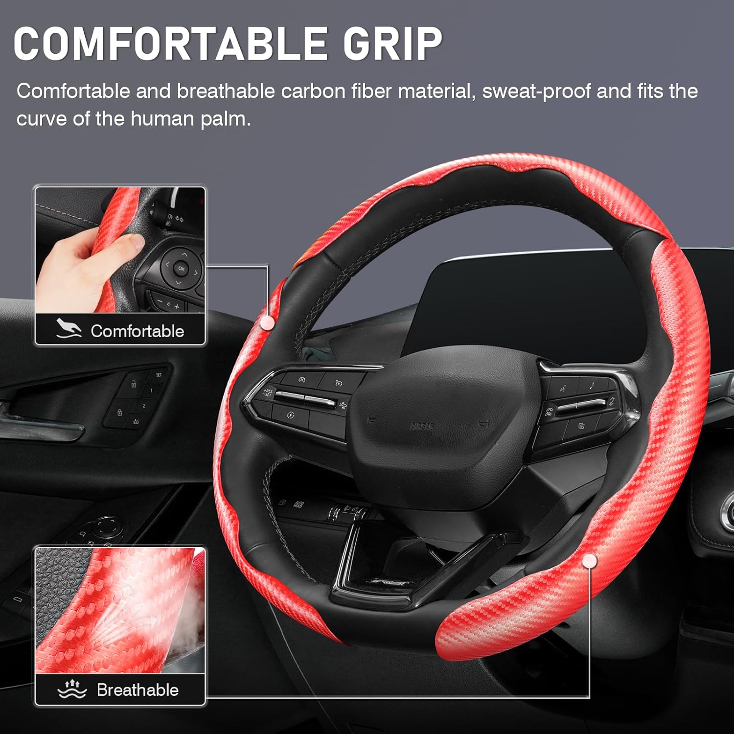 Canvcle 3 Piece Carbon Fiber Steering Wheel Cover, Car Steering Wheel Cover for Men/Women, Anti-Slip, Comfortable Grip, Durable, Universal for 99% Car Interior Accessories (Red)