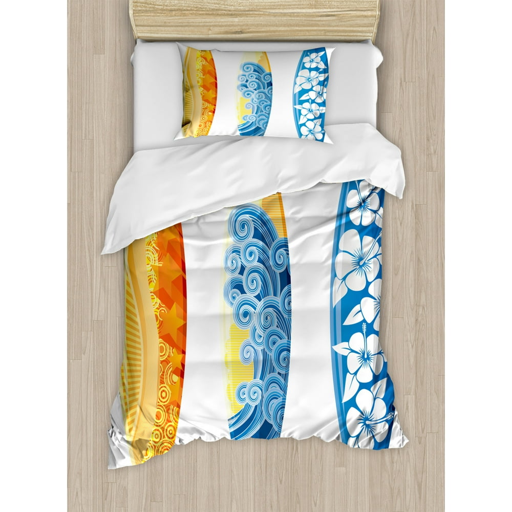 Surf Duvet Cover Set, Ornate Colorful Surfboards Vocation Fun Water