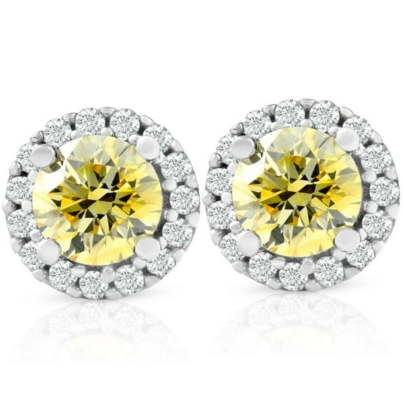 Pompeii 1/2 Ct Halo Fancy Canary Yellow Lab Grown Diamond Studs 10k White Gold Earrings