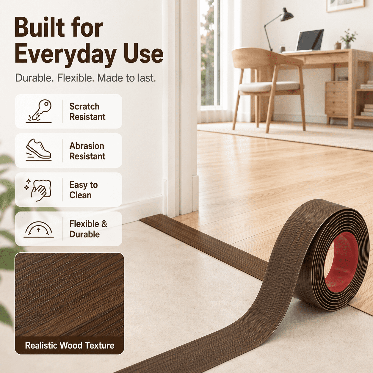 Yeslife 1 pc Self Adhesive Floor Transition Strip, 10 ft x 1.57 in, Brown Vinyl, Flexible Waterproof Gap Cover for Laminate, Tile and Carpet Flooring