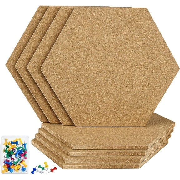 CEYAZYE 8 Pack Cork Board Hexagon Bulletin Boards Cork Tiles 8.2"x7" - 1/4" Self-Adhesive Corkboards with 50 Push Pins Mini Wall for Wall Home School Office Decorative