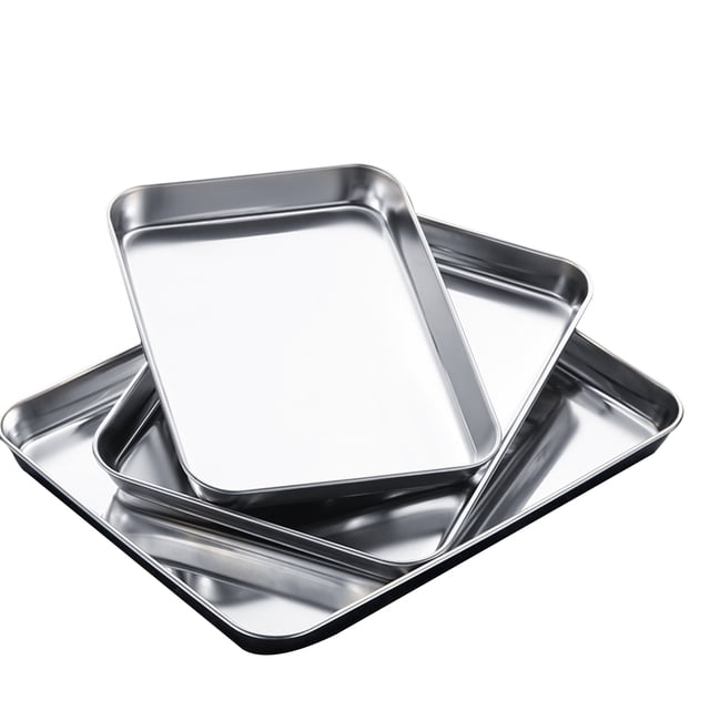 Juego de 3 Bandejas Rectangulares de Acero Inoxidable Extra Grueso con Fondo Plano y Borde Suave, Ideal para Hornear, Servir y Almacenar, Resistente al Calor y Fácil de Limpiar, Diseño Profundo para