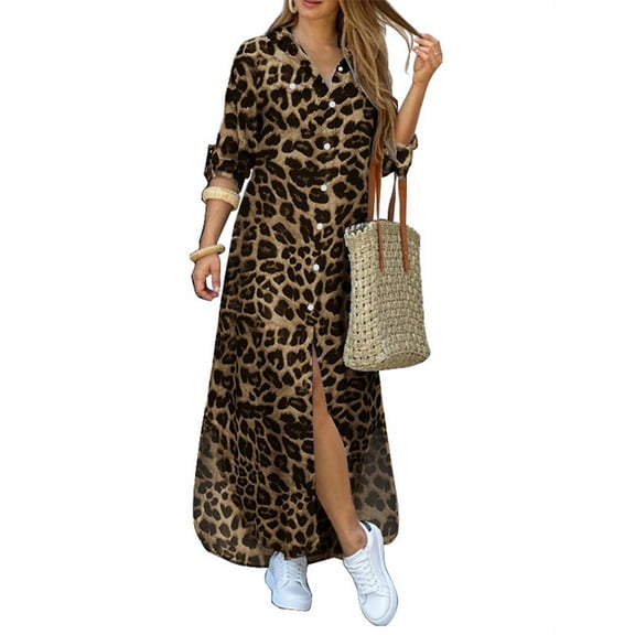 ZANZEA Women's Turn-down Collar Party Dress Leopard Print Half Sleeve Dress
