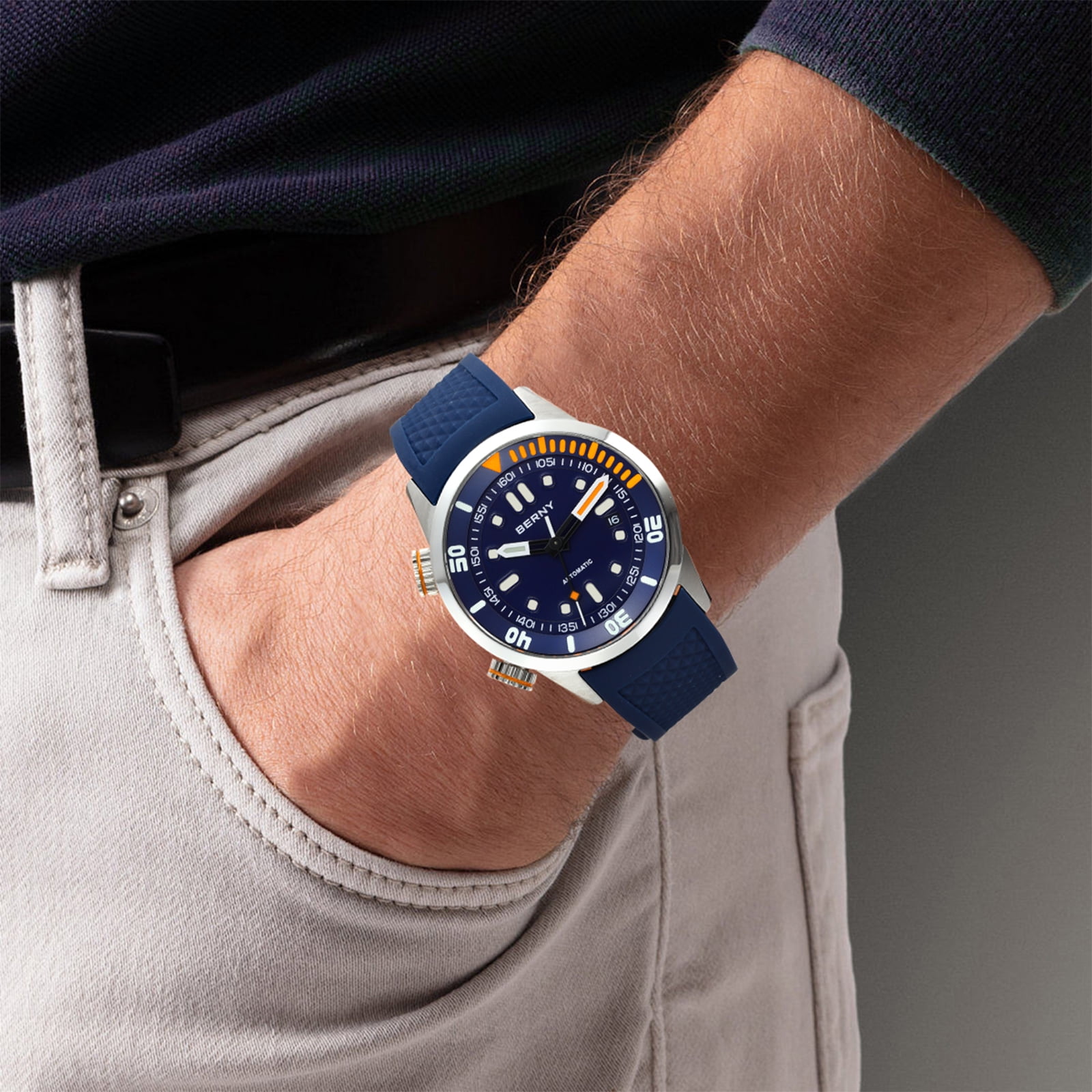 BERNY Automatic Dive Watches for Men, Sport 20ATM Waterproof Analog Mechanical Watch with Date, Super Luminous, Silicone Strap, Stainless Steel, Sapphire Crystal, Men's Pro Diver Watch (Blue)