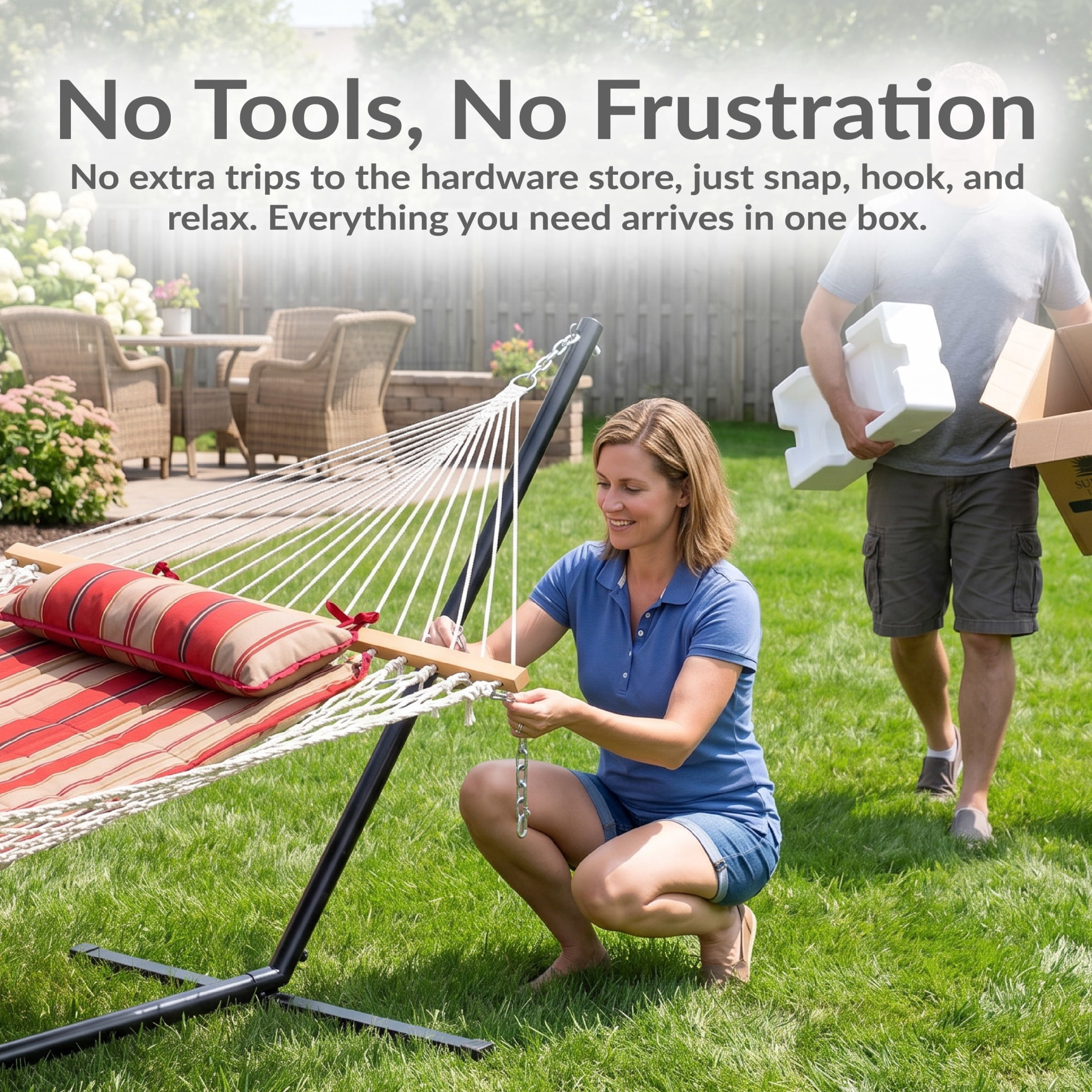 Sunnydaze 2-Person Cotton Rope Spreader Bar Hammock with Stand, 275 lb Capacity - Awning Stripe