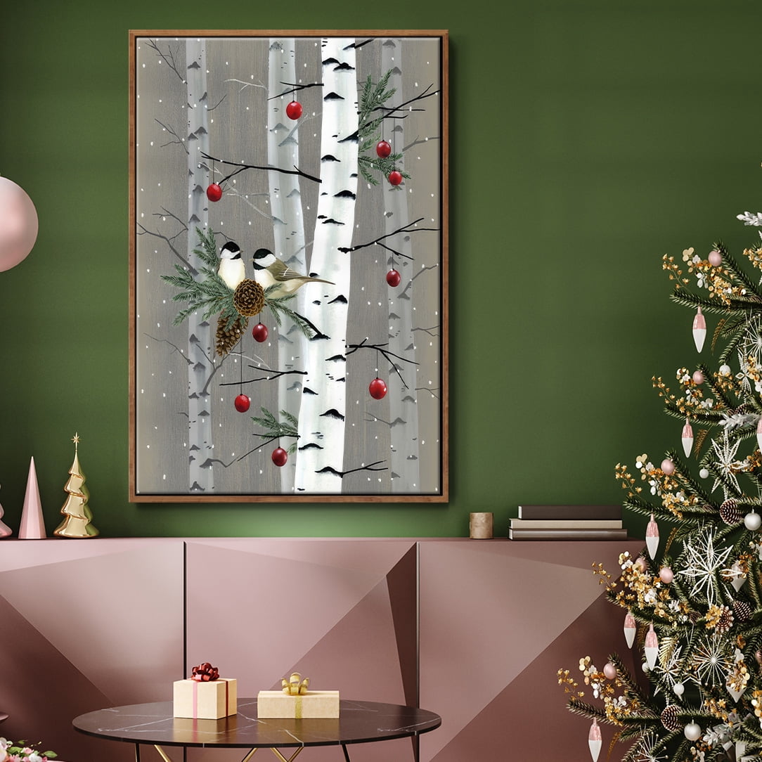 Birch Birds II - Framed Gallery Wrapped Holiday Canvas - 17 x 25 - Rosewood Frame