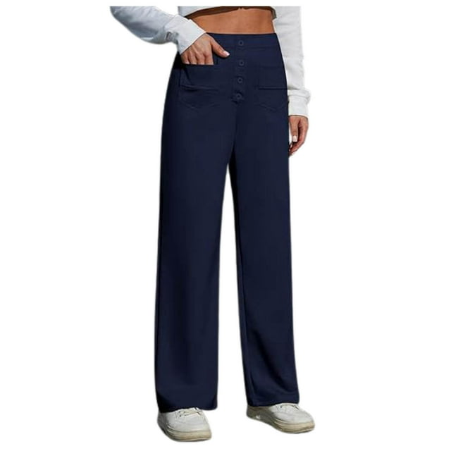 Women's Work Pants - High Elastic Waisted Trousers - Straight Wide Leg Button Down Casual Pants