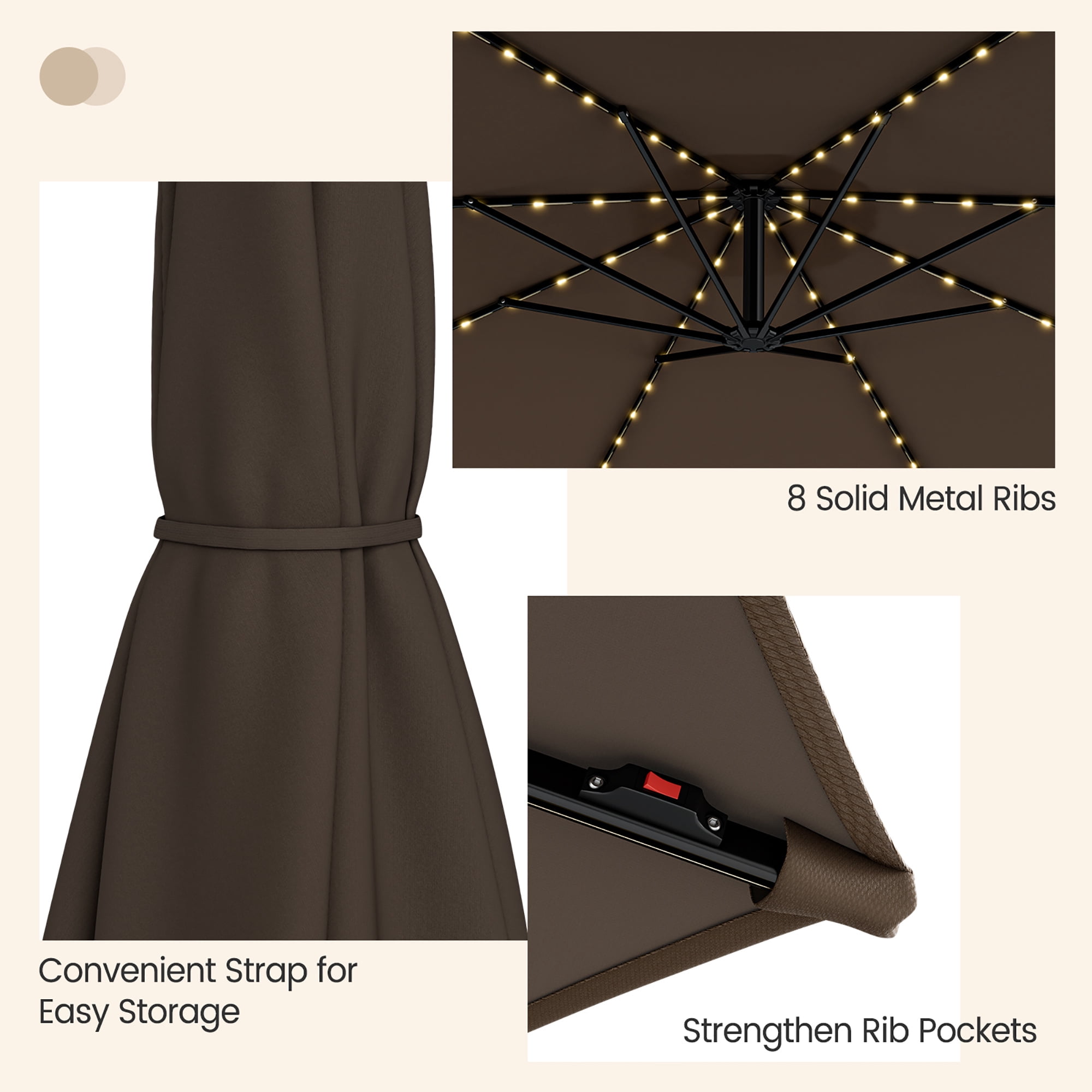 Gymax 10 FT Offset Patio Umbrella Solar Powered Cantilever Umbrella w/ 112 LED Lights Coffee