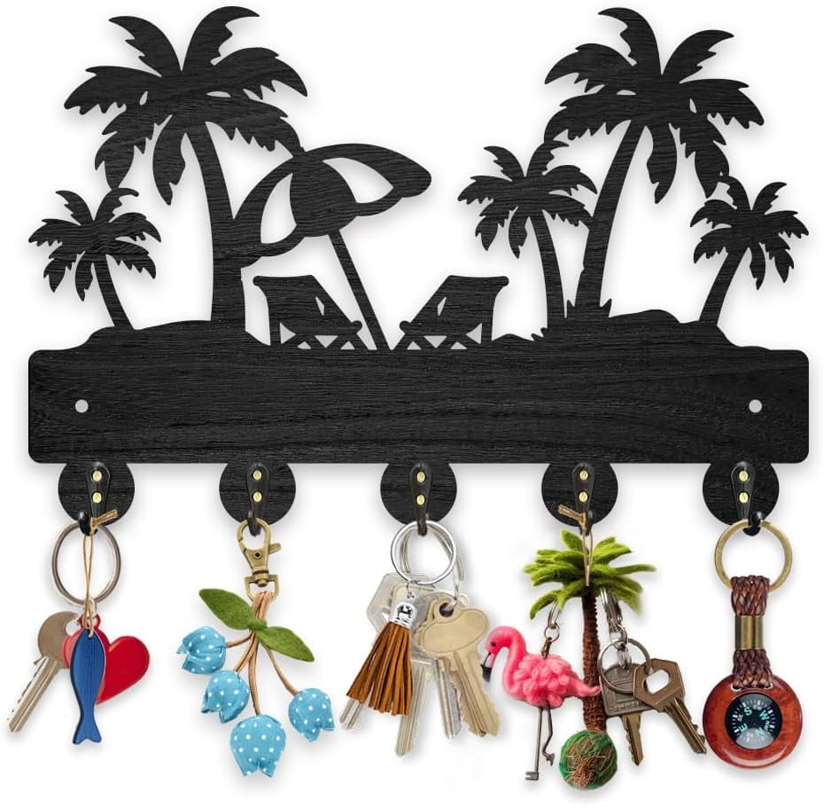 Palm Tree Beach Coat Rack Wall Mount Summer Theme Wood Key Holder for Wall 11.8 7.9inch Decorative Key Hooks 5 Alloy Hooks for Gift Entryway Front