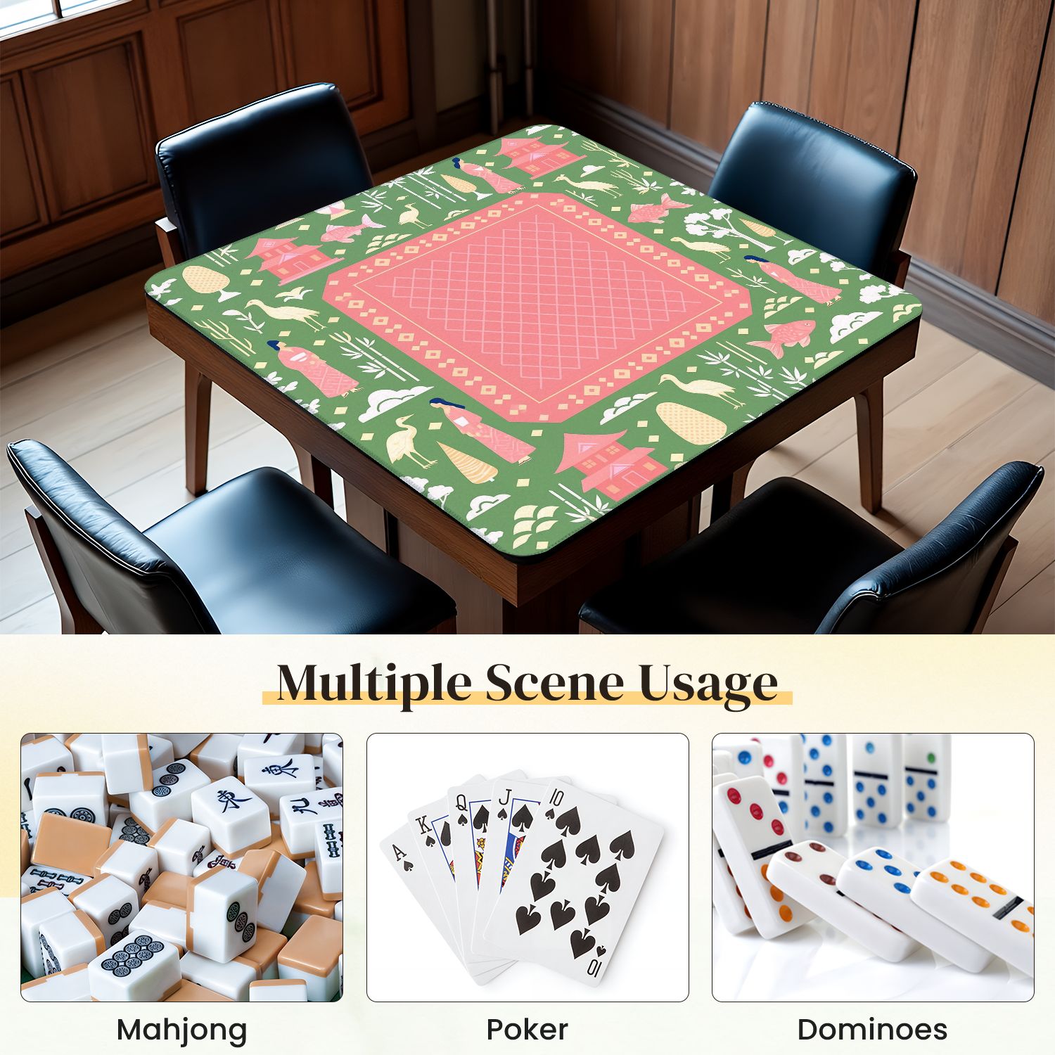 Mahjong Mat 31.5" x 31.5" Vintage Oriental Fish Birds Traditional Elements Anti-Slip and Noise Reduction Symmetry Design Mahjong Tiles Table Cover for Dominoes Poker Card Board and Tile Games